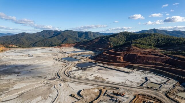 Aerial view of a large openpit mine and tailings dam