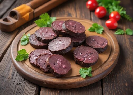 Spicy black blood sausage sliced into thick rounds on a wooden cutting board