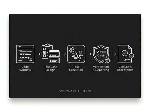 Software development lifecycle process flow chart with white line icons on black background