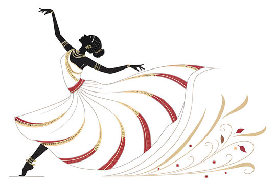 Minimalist Kathak dancer silhouette, graceful classical dance pose, flowing costume represented with clean curved lines, subtle red and gold accents, sophisticated editorial illustration, isolated whi