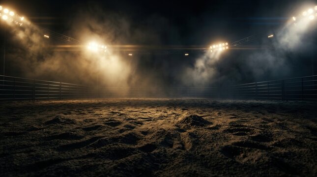 A desolate rodeo arena illuminated by bright stadium lights and lingering smoke.