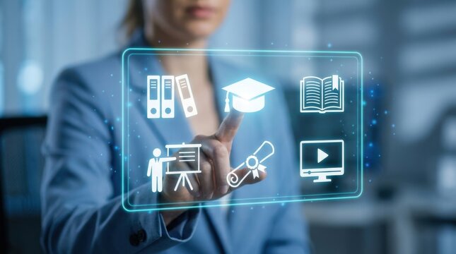 Businesswoman interacting with digital education and training interface