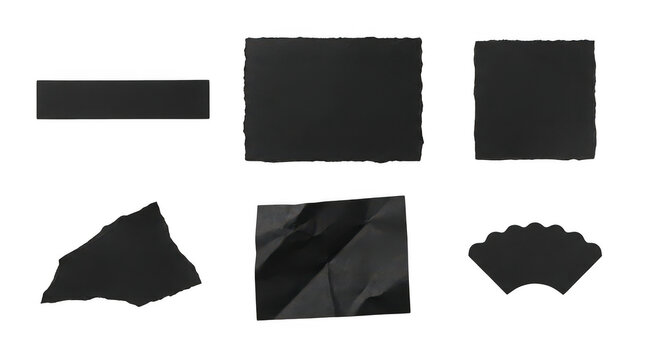 Set of various black paper pieces isolated on transparent background