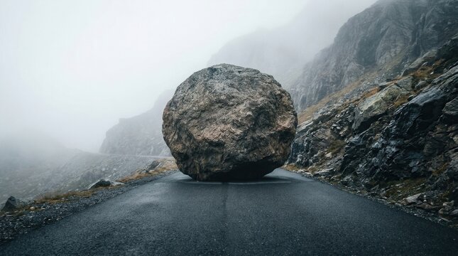 A huge round rock obstructing dangerous passageways in a dramatic mountain landscape.