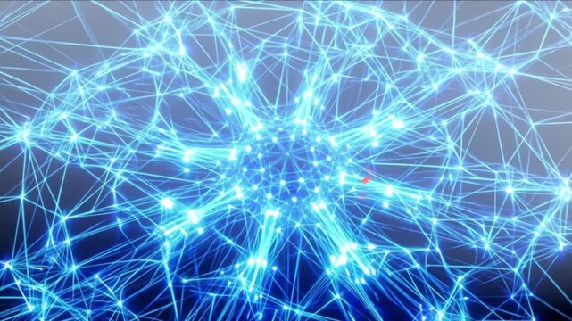 等角投影のサイバースペースで青い光導波路が発光する先端技術背景CG