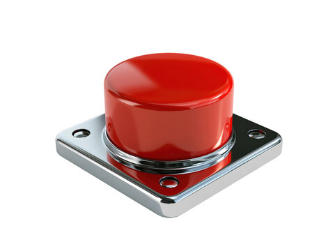 Glossy red industrial emergency push button on a metallic square base