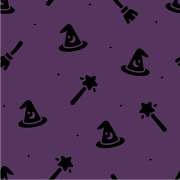 witch hat and magic wand seamless pattern on dark purple background