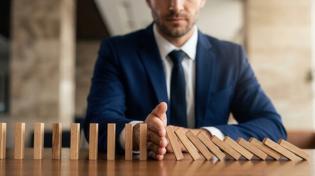 Businessman hand stopping falling wooden dominoes to prevent risk and toppling effect.
