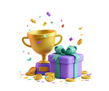 3D render of a golden trophy cup and a purple gift box with falling confetti
