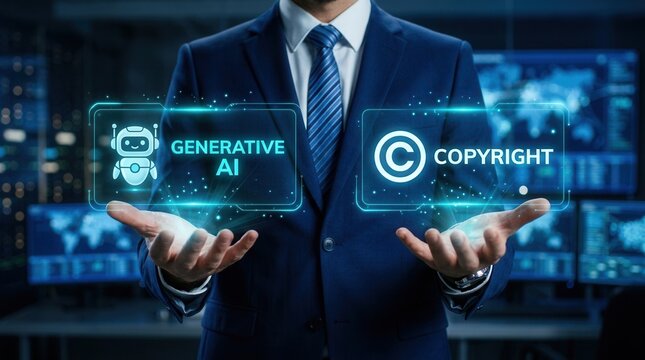 Businessman presenting a virtual concept of generative AI and copyright intellectual property protection.