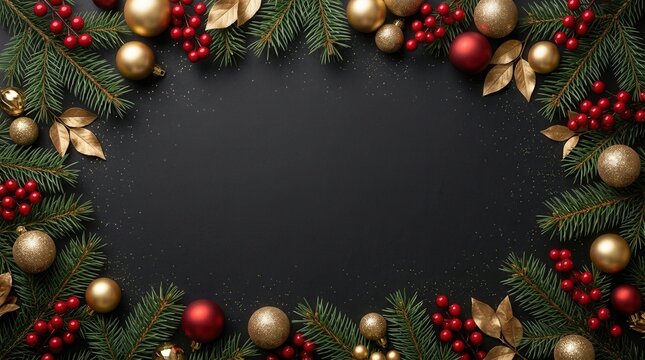 Christmas and New Year holiday banner with festive ornaments on a dark background.