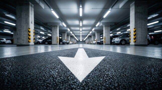 Clean and open underground parking lot with white arrow signs on a smooth floor.