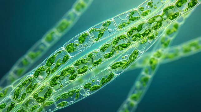 Microscopic view of green spirogyra algae filaments showing cells