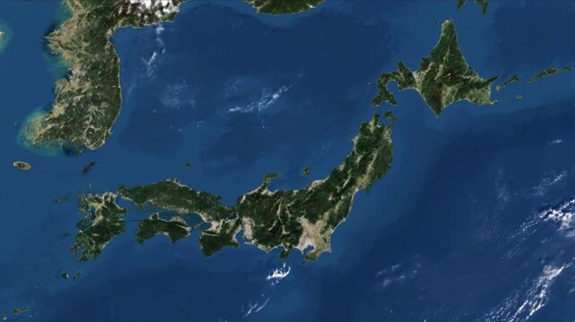 宇宙空間に浮かぶ地球儀と日本列島を捉えた衛星軌道からの背景映像