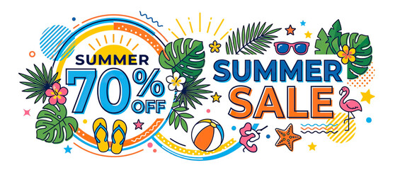 Fototapeta premium Summer Sale 70% Off Discount Banner with Tropical Elements