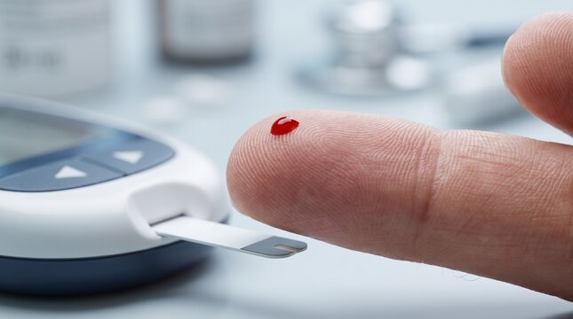 Finger with a drop of blood next to a glucose meter and test strip with a stethoscope in the background, diabetes blood sugar test concept