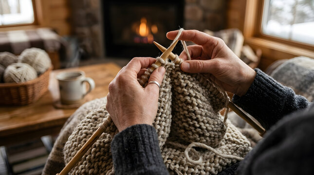 Close Up Hands Knitting Wool Scarf with Wooden Needles Winter Craft