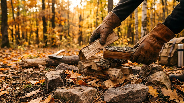 Close Up Hands Placing Wooden Logs on Campfire in Autumn Forest