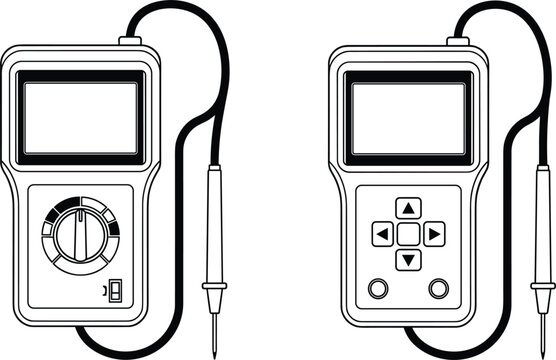 Digital multimeter electrical tester tool icons showing dial control and button pad interfaces with connected voltage probe sensor lines
