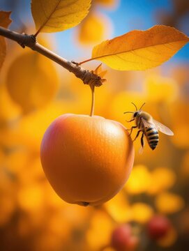 A bee is collecting a golden apple from a tree branch in autumn leaves