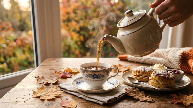 Close Up Hot Tea Pouring into Cup with Scones Autumn Afternoon Tea Background