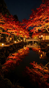 Illuminated Red Maple Leaves Reflected on Pond Water Japanese Garden Background