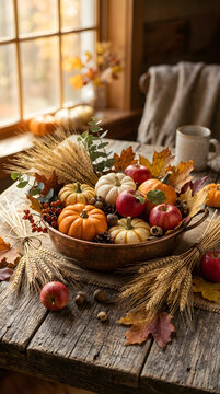 Autumn Harvest Arrangement with Pumpkins Apples and Wheat Ears Background