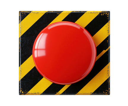 Large glossy red emergency push button on a black and yellow hazard warning plate