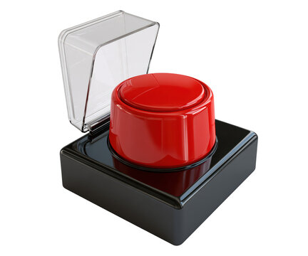 Glossy red emergency push button with a protective clear plastic cover isolated
