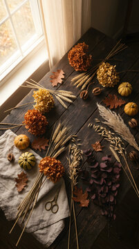 Elegant Dried Autumn Flowers on Dark Rustic Wooden Background with Soft Light