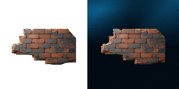 Red brick masonry fragment with crumbling damaged edge textured building.
