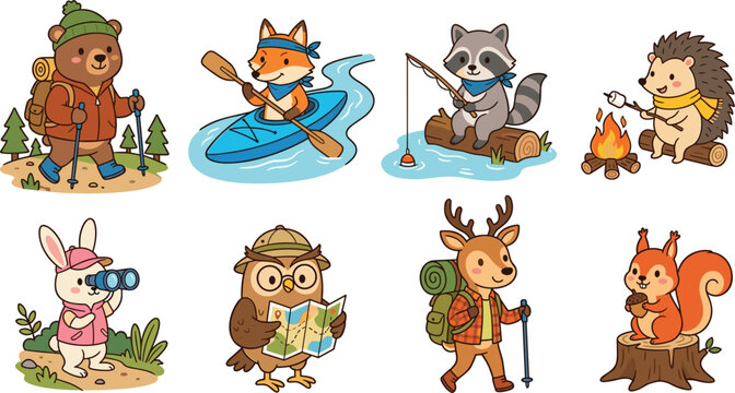 Cute Woodland Animals Camping and Hiking Vector Character Set Featuring Bear, Fox, Raccoon, Hedgehog, Rabbit, Owl, Deer, and Squirrel for Children Designs