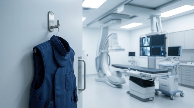 Medical imaging suite featuring a C-arm fluoroscopy machine and a protective vest on a door hook.