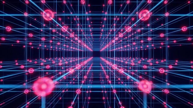 光シャッター開口部から量子光導波路網へ展開するサイエンス背景CG