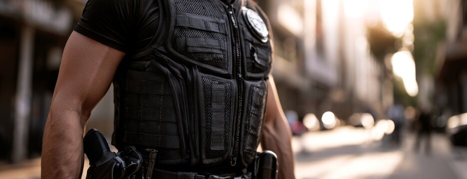 Police officer in bulletproof vest standing on urban street  