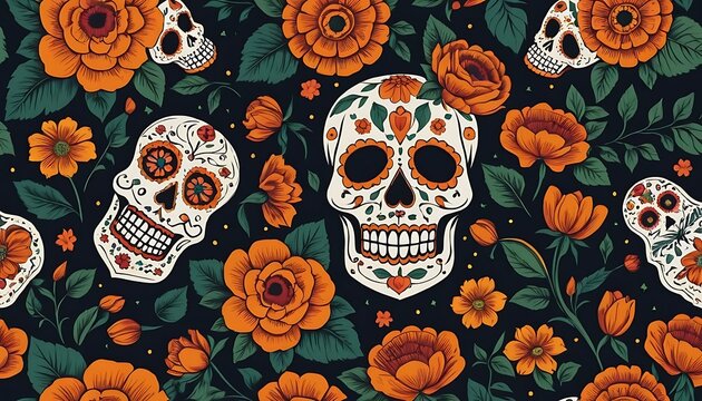Sugar skull floral pattern with orange marigolds.