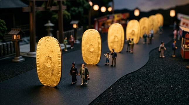黄金の小判が並ぶ日本の夜祭りミニチュア