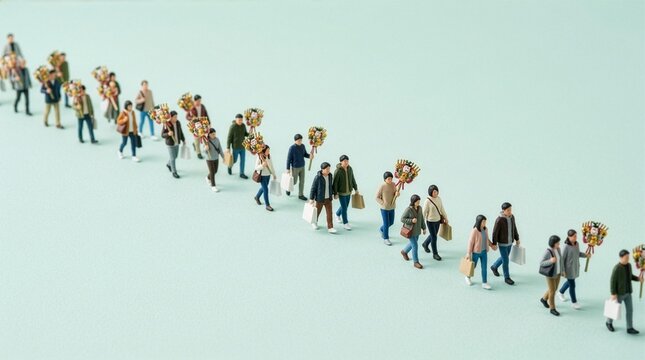 縁起熊手を持って列を歩く人々のミニチュア