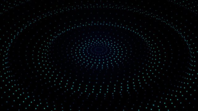 Abstract circular pulse glowing dots creating ripple waves pattern across dark void background for motion graphics.