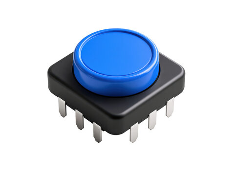 Blue tactile push button switch with metal pins isolated on a white background