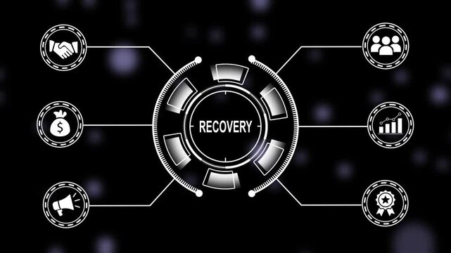 Digital business recovery concept featuring animated hud interface with financial growth strategic marketing symbols, and corporate partnership for data analysis presentations