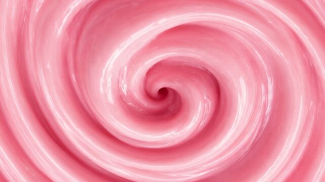 Abstract swirling pattern of soft pink yogurt or ice cream, macro food photography Top view of creamy strawberry swirl texture background with tiny fruit bits