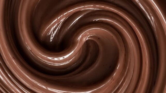 Abstract creamy chocolate paste or melted dark chocolate close up with hypnotic spiral pattern Close up of molten chocolate swirl texture with rich brown color and shiny surface for background or back