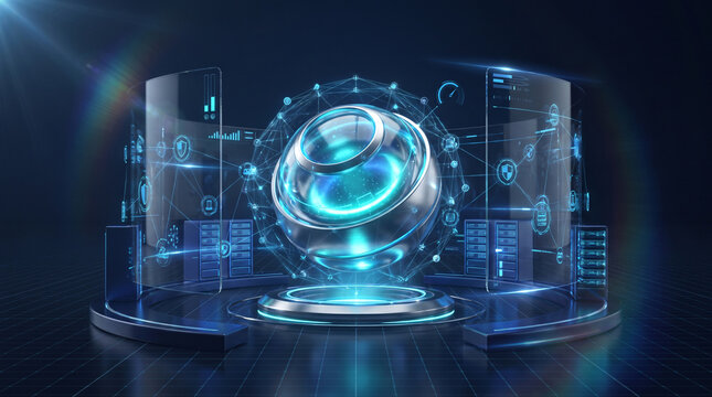 Futuristic data core sphere floats between virtual server racks and transparent digital analytics interface.