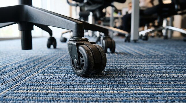 Close up of office chair wheels on a blue carpeted floor in a modern workspace.