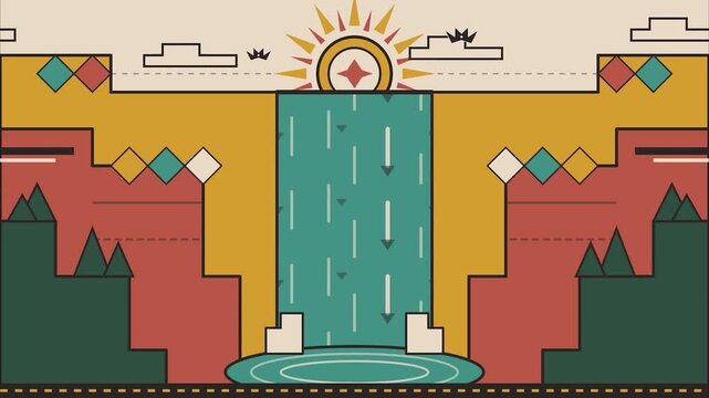 Geometric nature landscape waterfall sun mountain pattern flat design ethnic folk art style indigenous peoples' day background textile design
