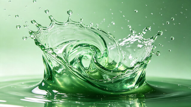 Green liquid splash creating a crown shape in studio lighting with water splash