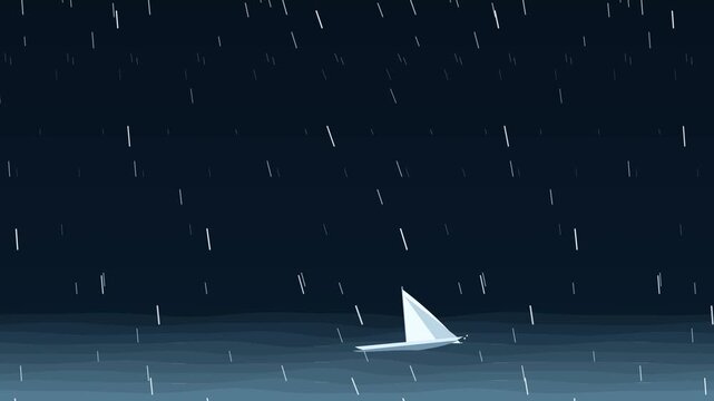 Minimalist procedural rain animation where an invisible wind wave travels across the scene, changing the direction of falling rain, deforming the water surface, and causing a minimalist sailboat to he