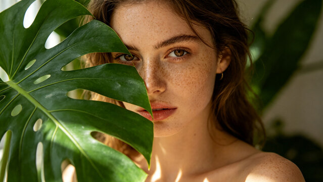 Young woman with natural freckles posing behind a large monstera leaf