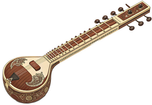 Minimalist Indian sitar, elegant long-necked musical instrument, simplified decorative details, warm brown and muted gold palette, refined vector illustration, isolated, no text.